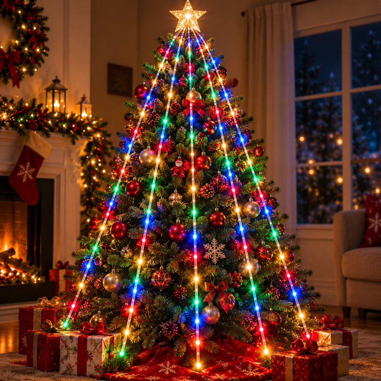 Luces Estrella Cascada y Tapete navidad