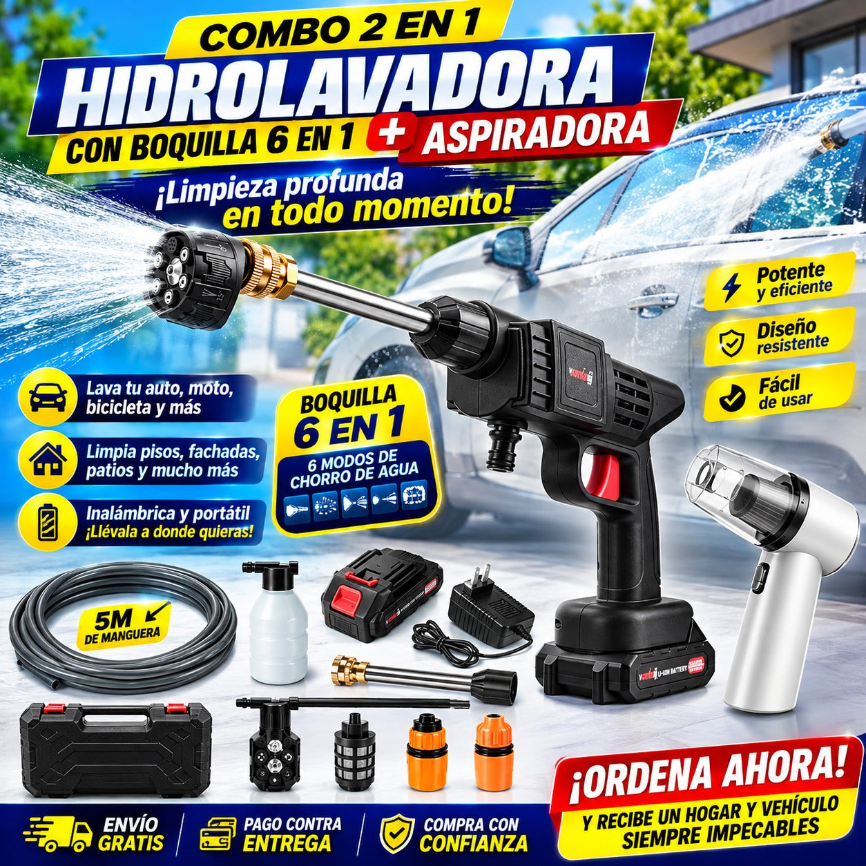 🔥 Combo 2 en 1: (Hidrolavadora 6 en 1 + Aspiradora Potente)